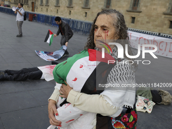 A woman sympathetic to Palestine demonstrates against the genocide in Gaza in the Zocalo of Mexico City, Mexico, on December 6, 2024, to dem...