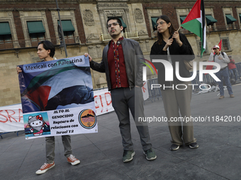 Palestinian activists and supporters demonstrate against the genocide in Gaza in the Zocalo of Mexico City, Mexico, on December 6, 2024, to...