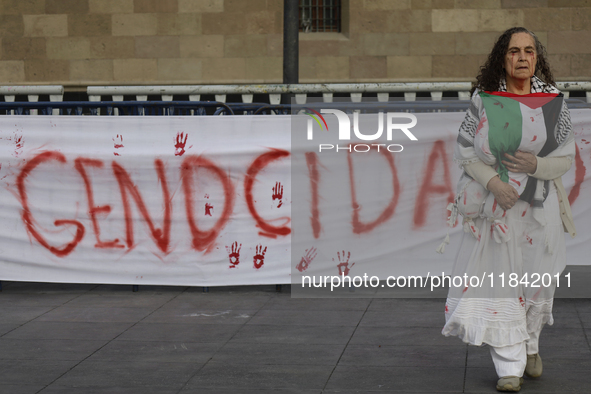 Palestinian activists and supporters demonstrate against the genocide in Gaza in the Zocalo of Mexico City, Mexico, on December 6, 2024, to...