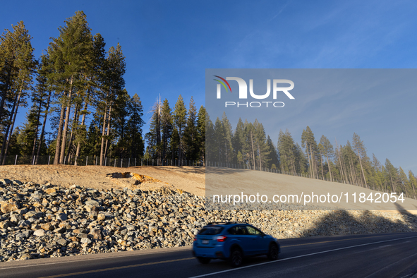 Land continues to move along the California State Route 20 Omega curves project near Nevada City, California, on December 6, 2024. 