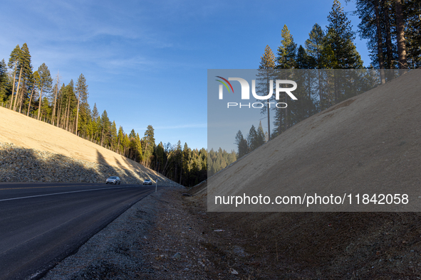 Land continues to move along the California State Route 20 Omega curves project near Nevada City, California, on December 6, 2024. 