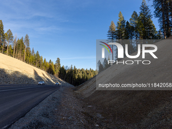 Land continues to move along the California State Route 20 Omega curves project near Nevada City, California, on December 6, 2024. (