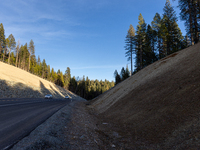 Land continues to move along the California State Route 20 Omega curves project near Nevada City, California, on December 6, 2024. (