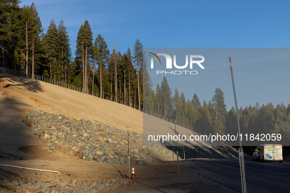 Land continues to move along the California State Route 20 Omega curves project near Nevada City, California, on December 6, 2024. 