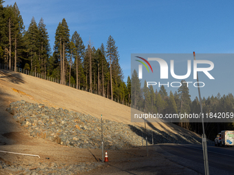 Land continues to move along the California State Route 20 Omega curves project near Nevada City, California, on December 6, 2024. (