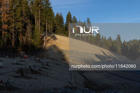 Land continues to move along the California State Route 20 Omega curves project near Nevada City, California, on December 6, 2024. 