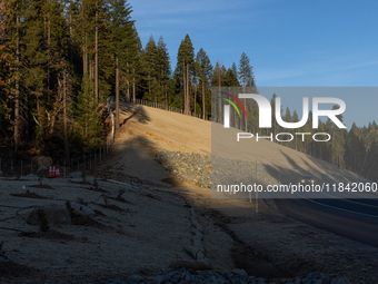 Land continues to move along the California State Route 20 Omega curves project near Nevada City, California, on December 6, 2024. (