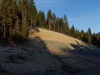 Land continues to move along the California State Route 20 Omega curves project near Nevada City, California, on December 6, 2024. (