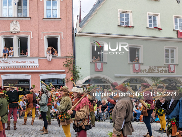 Over 2,000 participants recreate the medieval wedding of Hedwig Jagiellon and George of Bavaria. On July 16, 2023, in Landshut, Bavaria, Ger...