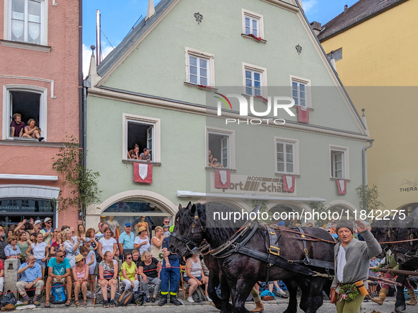 Over 2,000 participants recreate the medieval wedding of Hedwig Jagiellon and George of Bavaria. On July 16, 2023, in Landshut, Bavaria, Ger...