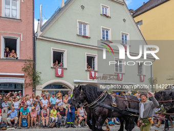 Over 2,000 participants recreate the medieval wedding of Hedwig Jagiellon and George of Bavaria. On July 16, 2023, in Landshut, Bavaria, Ger...