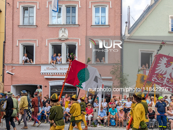 Over 2,000 participants recreate the medieval wedding of Hedwig Jagiellon and George of Bavaria. On July 16, 2023, in Landshut, Bavaria, Ger...