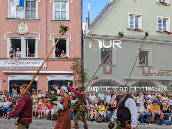 Over 2,000 participants recreate the medieval wedding of Hedwig Jagiellon and George of Bavaria. On July 16, 2023, in Landshut, Bavaria, Ger...