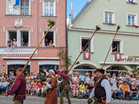 Over 2,000 participants recreate the medieval wedding of Hedwig Jagiellon and George of Bavaria. On July 16, 2023, in Landshut, Bavaria, Ger...