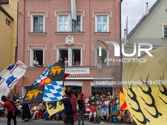 Over 2,000 participants recreate the medieval wedding of Hedwig Jagiellon and George of Bavaria. On July 16, 2023, in Landshut, Bavaria, Ger...