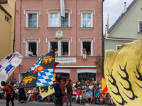 Over 2,000 participants recreate the medieval wedding of Hedwig Jagiellon and George of Bavaria. On July 16, 2023, in Landshut, Bavaria, Ger...