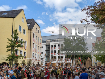 Over 2,000 participants recreate the medieval wedding of Hedwig Jagiellon and George of Bavaria. On July 16, 2023, in Landshut, Bavaria, Ger...