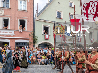 Over 2,000 participants recreate the medieval wedding of Hedwig Jagiellon and George of Bavaria. On July 16, 2023, in Landshut, Bavaria, Ger...