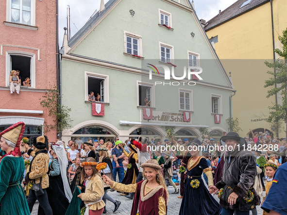 Over 2,000 participants recreate the medieval wedding of Hedwig Jagiellon and George of Bavaria. On July 16, 2023, in Landshut, Bavaria, Ger...