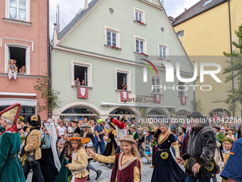 Over 2,000 participants recreate the medieval wedding of Hedwig Jagiellon and George of Bavaria. On July 16, 2023, in Landshut, Bavaria, Ger...