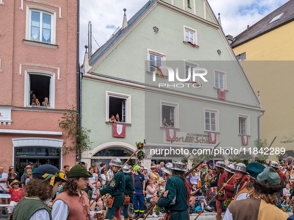 Over 2,000 participants recreate the medieval wedding of Hedwig Jagiellon and George of Bavaria. On July 16, 2023, in Landshut, Bavaria, Ger...