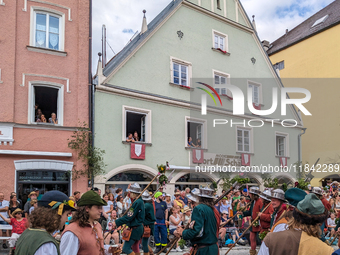 Over 2,000 participants recreate the medieval wedding of Hedwig Jagiellon and George of Bavaria. On July 16, 2023, in Landshut, Bavaria, Ger...