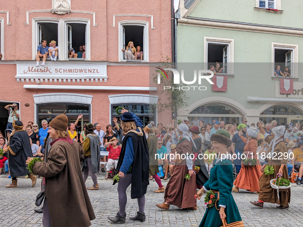 Over 2,000 participants recreate the medieval wedding of Hedwig Jagiellon and George of Bavaria. On July 16, 2023, in Landshut, Bavaria, Ger...