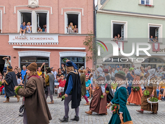 Over 2,000 participants recreate the medieval wedding of Hedwig Jagiellon and George of Bavaria. On July 16, 2023, in Landshut, Bavaria, Ger...