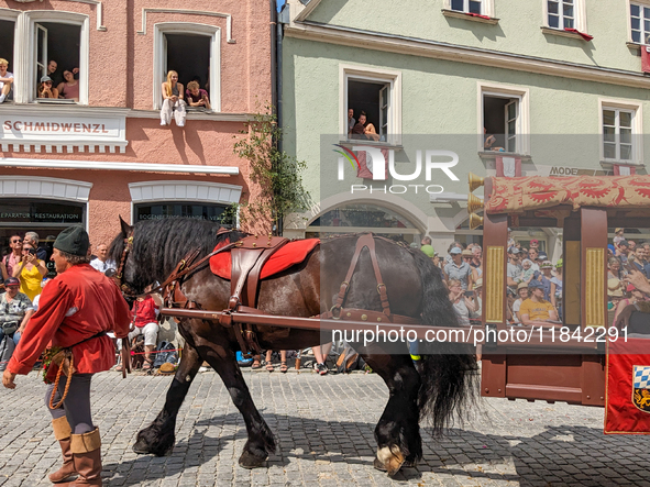 Over 2,000 participants recreate the medieval wedding of Hedwig Jagiellon and George of Bavaria. On July 16, 2023, in Landshut, Bavaria, Ger...