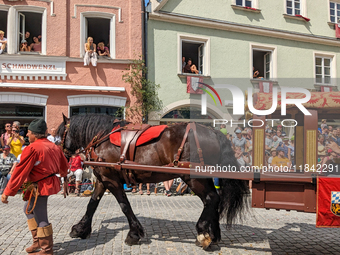 Over 2,000 participants recreate the medieval wedding of Hedwig Jagiellon and George of Bavaria. On July 16, 2023, in Landshut, Bavaria, Ger...