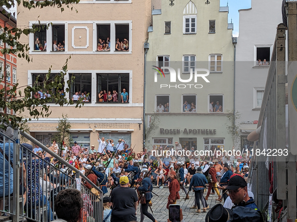 Over 2,000 participants recreate the medieval wedding of Hedwig Jagiellon and George of Bavaria. On July 16, 2023, in Landshut, Bavaria, Ger...