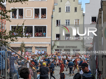 Over 2,000 participants recreate the medieval wedding of Hedwig Jagiellon and George of Bavaria. On July 16, 2023, in Landshut, Bavaria, Ger...