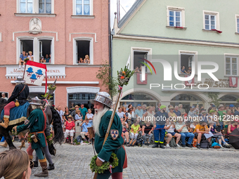 Over 2,000 participants recreate the medieval wedding of Hedwig Jagiellon and George of Bavaria. On July 16, 2023, in Landshut, Bavaria, Ger...