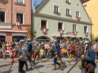 Over 2,000 participants recreate the medieval wedding of Hedwig Jagiellon and George of Bavaria. On July 16, 2023, in Landshut, Bavaria, Ger...