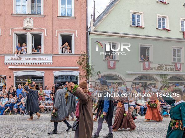 Over 2,000 participants recreate the medieval wedding of Hedwig Jagiellon and George of Bavaria. On July 16, 2023, in Landshut, Bavaria, Ger...