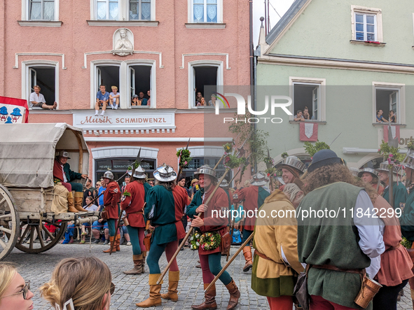 Over 2,000 participants recreate the medieval wedding of Hedwig Jagiellon and George of Bavaria. On July 16, 2023, in Landshut, Bavaria, Ger...