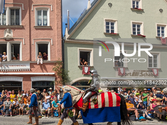 Over 2,000 participants recreate the medieval wedding of Hedwig Jagiellon and George of Bavaria. On July 16, 2023, in Landshut, Bavaria, Ger...