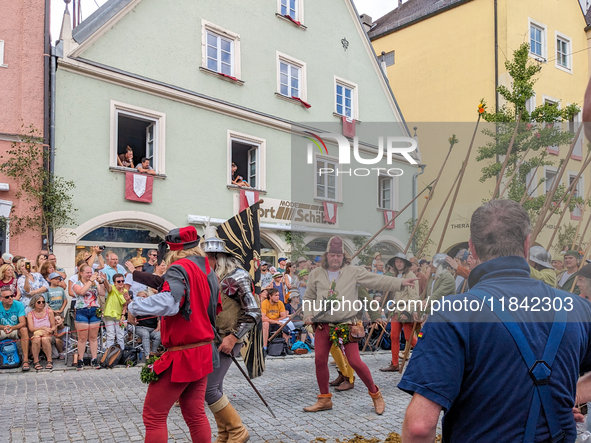 Over 2,000 participants recreate the medieval wedding of Hedwig Jagiellon and George of Bavaria. On July 16, 2023, in Landshut, Bavaria, Ger...