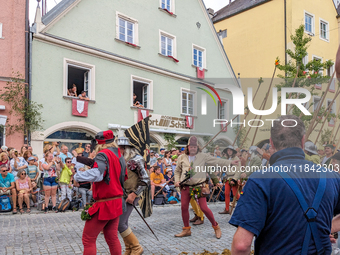 Over 2,000 participants recreate the medieval wedding of Hedwig Jagiellon and George of Bavaria. On July 16, 2023, in Landshut, Bavaria, Ger...