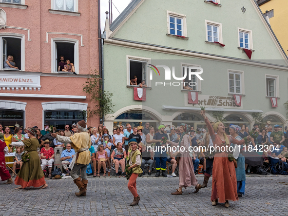 Over 2,000 participants recreate the medieval wedding of Hedwig Jagiellon and George of Bavaria. On July 16, 2023, in Landshut, Bavaria, Ger...