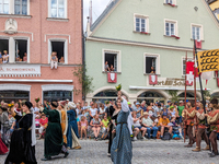 Over 2,000 participants recreate the medieval wedding of Hedwig Jagiellon and George of Bavaria. On July 16, 2023, in Landshut, Bavaria, Ger...