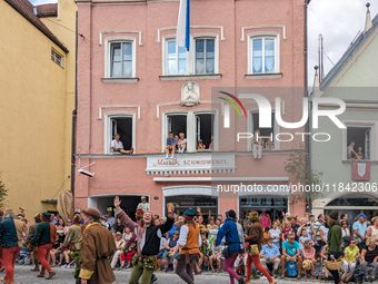 Over 2,000 participants recreate the medieval wedding of Hedwig Jagiellon and George of Bavaria. On July 16, 2023, in Landshut, Bavaria, Ger...