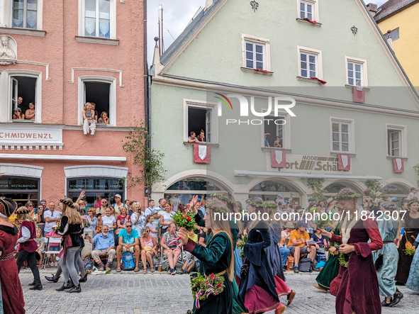 Over 2,000 participants recreate the medieval wedding of Hedwig Jagiellon and George of Bavaria. On July 16, 2023, in Landshut, Bavaria, Ger...