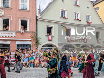 Over 2,000 participants recreate the medieval wedding of Hedwig Jagiellon and George of Bavaria. On July 16, 2023, in Landshut, Bavaria, Ger...