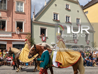 Over 2,000 participants recreate the medieval wedding of Hedwig Jagiellon and George of Bavaria. On July 16, 2023, in Landshut, Bavaria, Ger...