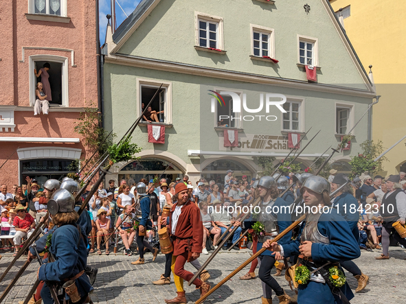 Over 2,000 participants recreate the medieval wedding of Hedwig Jagiellon and George of Bavaria. On July 16, 2023, in Landshut, Bavaria, Ger...