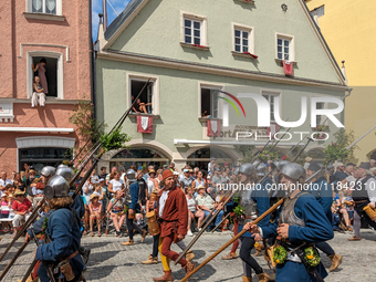 Over 2,000 participants recreate the medieval wedding of Hedwig Jagiellon and George of Bavaria. On July 16, 2023, in Landshut, Bavaria, Ger...