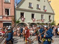 Over 2,000 participants recreate the medieval wedding of Hedwig Jagiellon and George of Bavaria. On July 16, 2023, in Landshut, Bavaria, Ger...