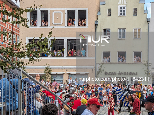 Over 2,000 participants recreate the medieval wedding of Hedwig Jagiellon and George of Bavaria. On July 16, 2023, in Landshut, Bavaria, Ger...