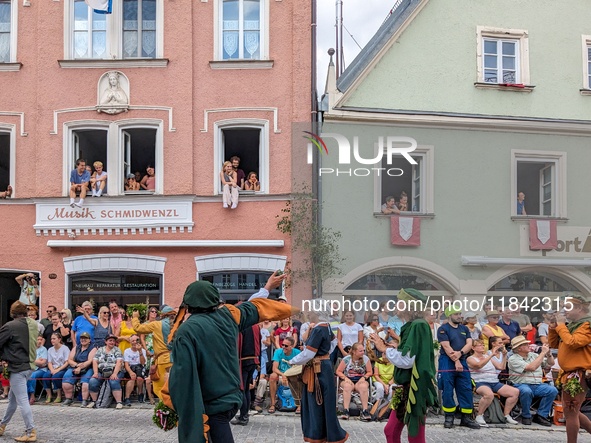 Over 2,000 participants recreate the medieval wedding of Hedwig Jagiellon and George of Bavaria. On July 16, 2023, in Landshut, Bavaria, Ger...